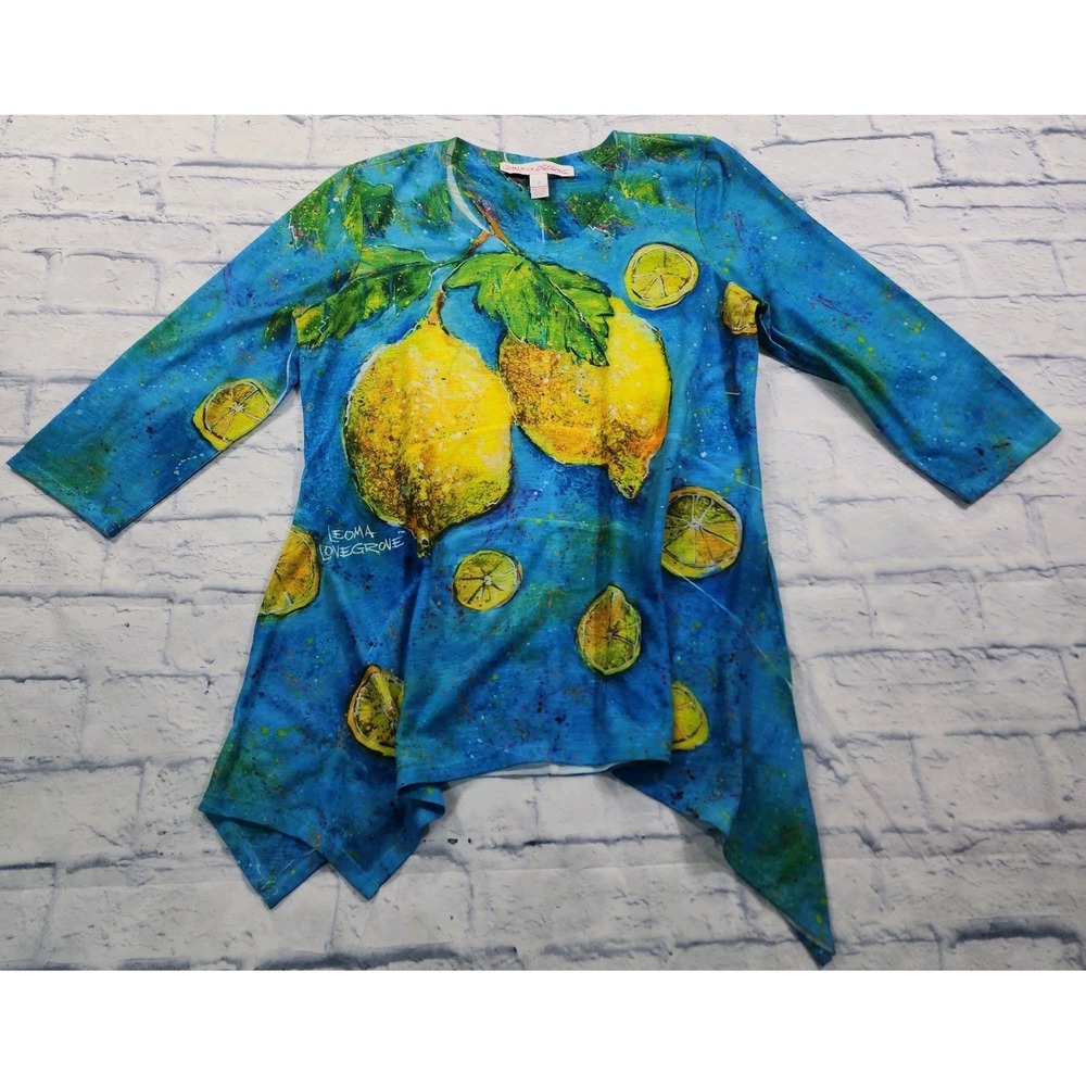 Leoma Lovegrove Shirt WOMENS M Lemon Blue Art Tunic 3/4 Sleeve Asymmetrical Top - Picture 4 of 13